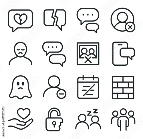 Friendship fallout icons icons in minimalistic line art : broken heart message, split chat thread, ignored apology bubble, blocked contact icon, sad avatar shadow, typing... then not, shared