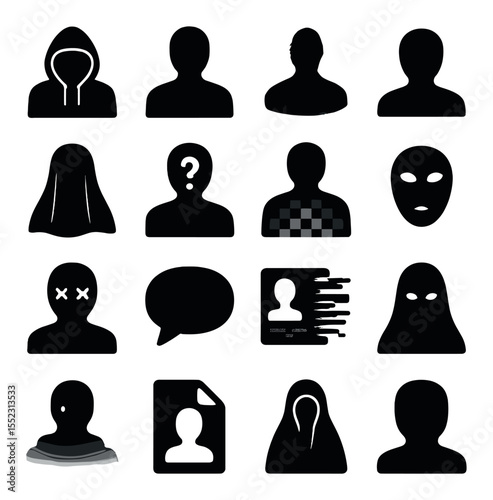 Symbolic representations of anonymity icons in silhouette solid black-filled shapes with clean, simple : headless hoodie icon, void-filled human outline, shadow with no reflection, glitched