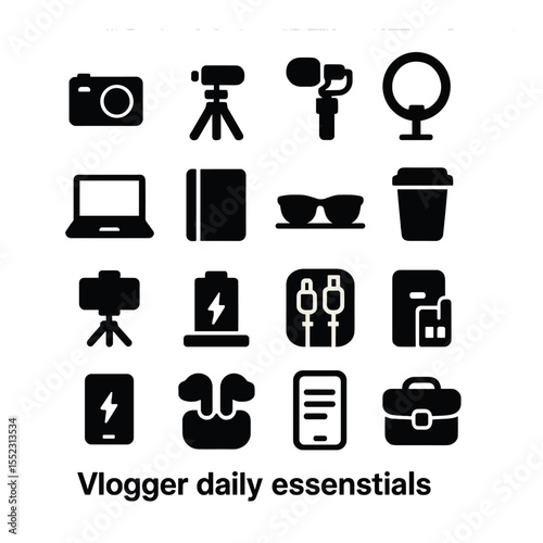 Vlogger daily essentials icons in silhouette solid black-filled shapes with clean, simple : compact camera, tripod with grip, vlogging mic, LED ring light, editing laptop, planner notebook,