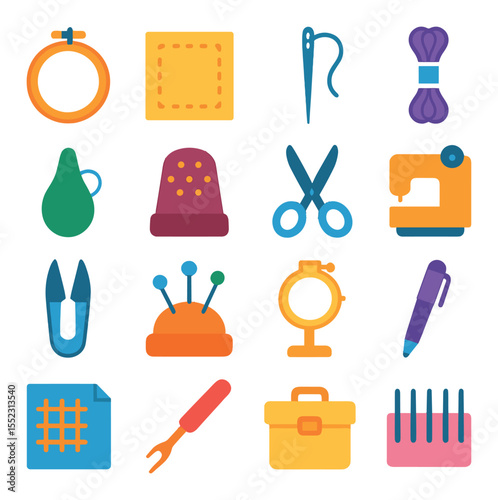 Embroidery tools and materials icons in modern flat vector in minimalistic vibrant color design: embroidery hoop, fabric square, embroidery needle, floss skein, needle threader, thimble, fabric