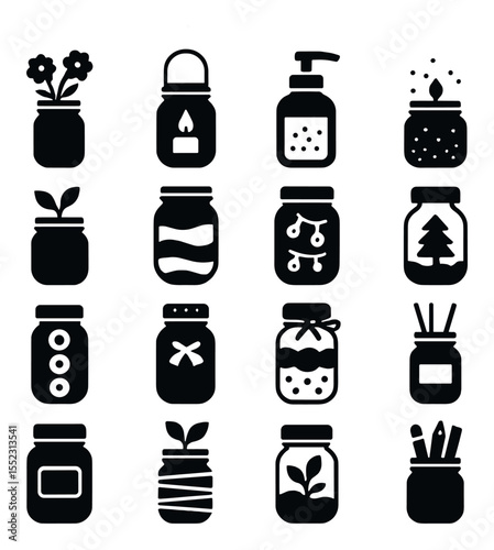 Upcycled glass jar crafts icons in silhouette solid black-filled shapes with clean, simple : painted mason jar vase, hanging lantern jar, soap dispenser jar, glitter tea light holder, herb