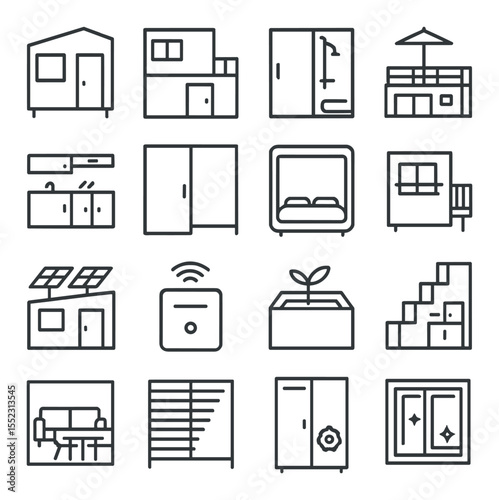 Modular residential units icons in minimalistic line art : studio pod, two-story living module, modular bathroom unit, rooftop terrace section, compact kitchen module, sliding partition wall,