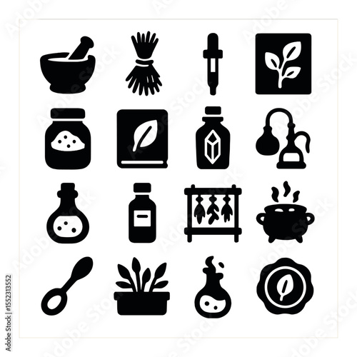 Herbal alchemy gear icons in silhouette solid black-filled shapes with clean, simple : herb grinder, dried lavender bundle, essence dropper, botanical chart, powdered root jar, leaf press book,