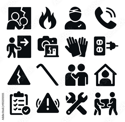 Post-earthquake safety check icons in silhouette solid black-filled shapes with clean, simple : cracked wall inspection, gas leak alert, check for injury icon, emergency call symbol, safe exit