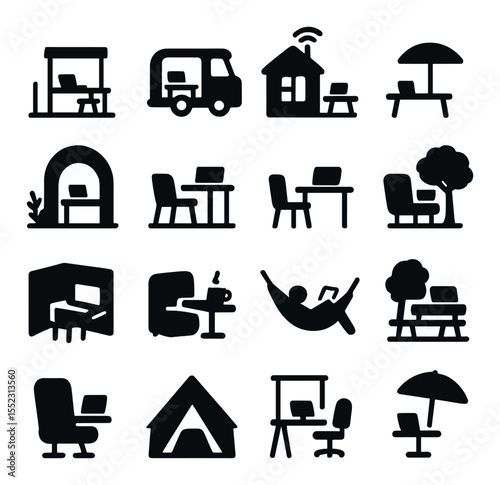 Flexible remote work zones icons in silhouette solid black-filled shapes with clean, simple : rooftop workspace, camper van desk setup, cozy cabin with Wi-Fi, beachside table with laptop,