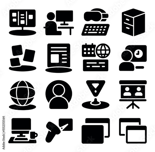 Virtual workspace tools icons in silhouette solid black-filled shapes with clean, simple : floating task board, avatar workstation, VR keyboard, 3D file cabinet, virtual sticky notes, immersive