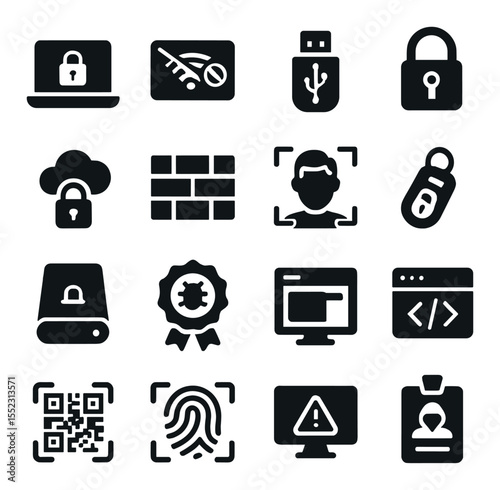 Cybersecurity gear icons in silhouette solid black-filled shapes with clean, simple : secure laptop with lock, RFID blocking card, USB data blocker, digital padlock icon, VPN tunnel icon,