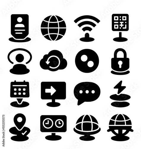 Future meeting logistics icons in silhouette solid black-filled shapes with clean, simple : scheduled holo-invite, timezone globe icon, connection stability meter, access QR beacon, identity