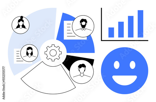 Gear with interconnected worker profiles, pie chart, bar chart, and happy face denoting teamwork, data, performance. Ideal for brainstorming, analytics, communication HR productivity feedback