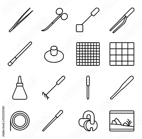 Aquascaping tools icons in minimalistic line art : planting tweezers, curved trimming scissors, substrate flattening spatula, rock placement tong, aquascape brush, decor suction holder, moss