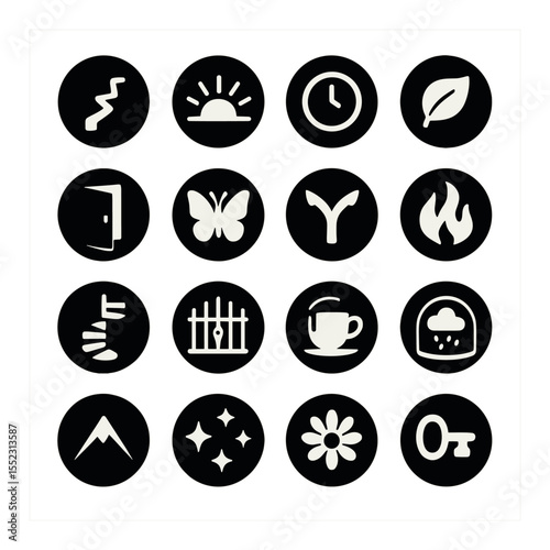 Fortune themes in the ball icons in silhouette solid black-filled shapes with clean, simple : broken path symbol, rising sun glow, clock with no hands, falling leaf, open door image, glowing