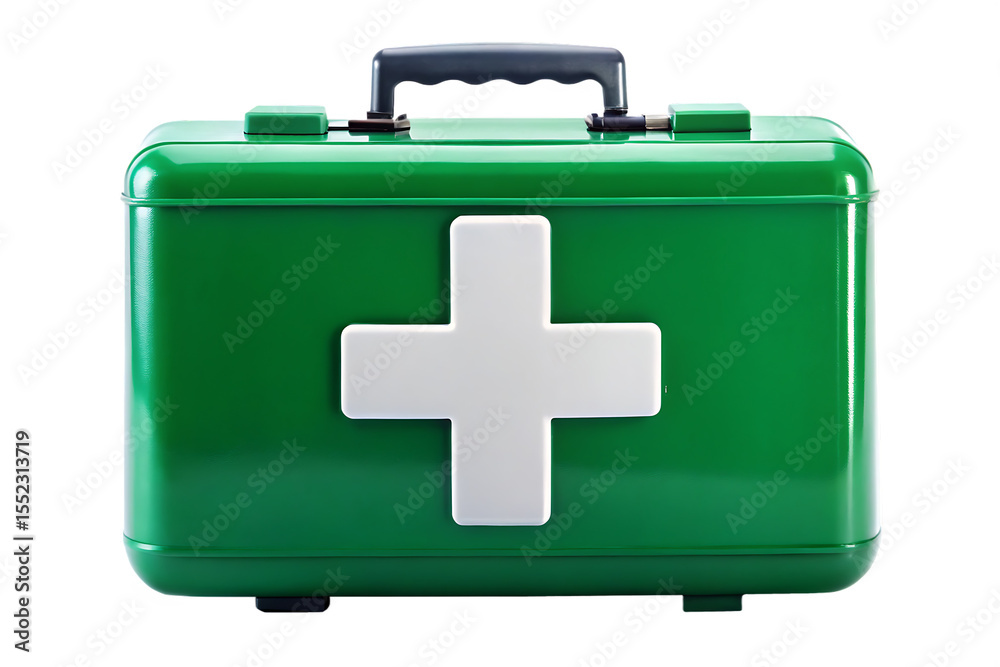 Fototapeta premium Green first aid kit with white cross symbol and dark gray handle isolated on a transparent background