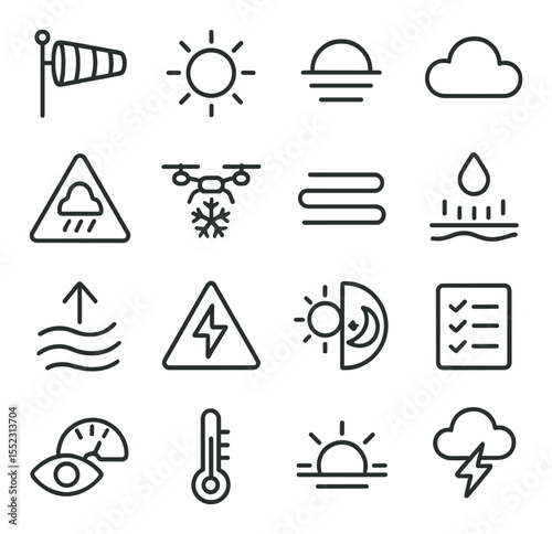 Environmental conditions icons in minimalistic line art : wind level meter, sun glare indicator, low light icon, cloud cover graphic, rain warning triangle, snowflake with drone, fog detection
