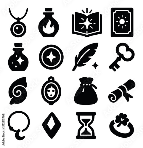 Enchanted items around the tent icons in silhouette solid black-filled shapes with clean, simple : enchanted necklace, spirit bottle, glowing book of fate, tarot deck box, potion jar with