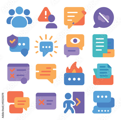Chat group chaos icons in modern flat vector in minimalistic vibrant color design: left group icon, “you’ve been removed” alert, renamed group bubble, muted chat symbol, new admin badge, mass