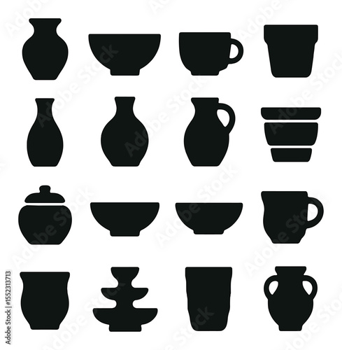 Thrown pottery icons in silhouette solid black-filled shapes with clean, simple : classic vase, wide-mouthed bowl, small teacup, flower pot, narrow bottle, deep serving bowl, tall jug, ringed