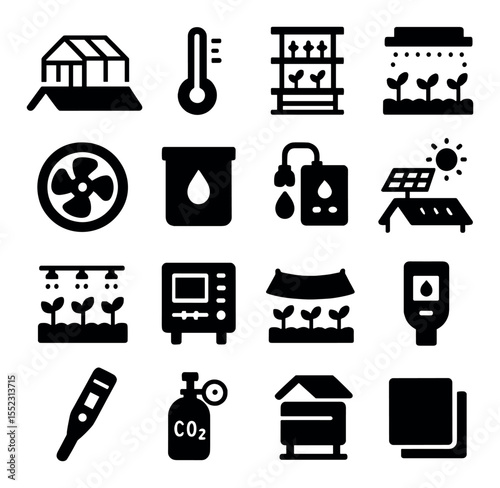 Rooftop greenhouse systems icons in silhouette solid black-filled shapes with clean, simple : glass greenhouse, temperature sensor, hydroponic shelf, LED grow light, ventilation fan, water