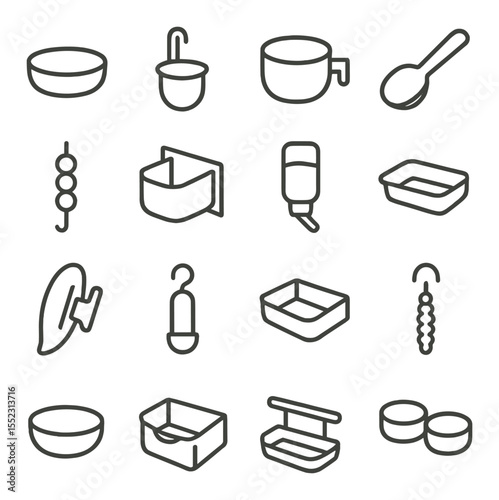 Indoor bird feeding icons in minimalistic line art : small ceramic food bowl, hanging cup clip, stainless steel seed cup, pellet scoop spoon, fruit skewer stick, cage-mounted dish, water