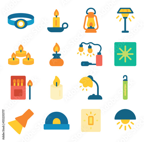 Backup lighting options icons in modern flat vector in minimalistic vibrant color design: headlamp, candle with holder, lantern with handle, solar-powered lamp, tea light cluster, oil lamp icon