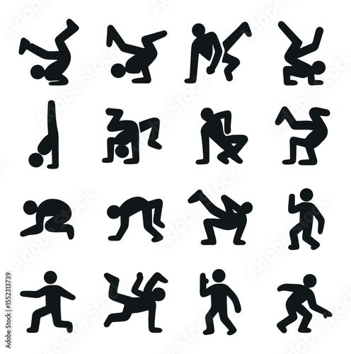 Breakdance moves icons in silhouette solid black-filled shapes with clean, simple : headspin pose, windmill freeze, flare rotation, backspin transition, handstand balance, hollowback freeze,