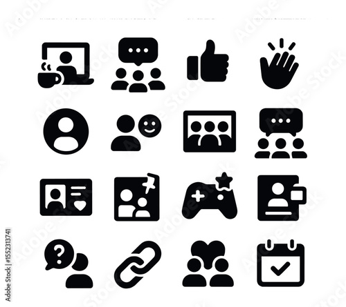 Coworking social dynamics icons in silhouette solid black-filled shapes with clean, simple : virtual coffee chat, group brainstorming bubble, feedback thumbs icon, digital applause reaction,