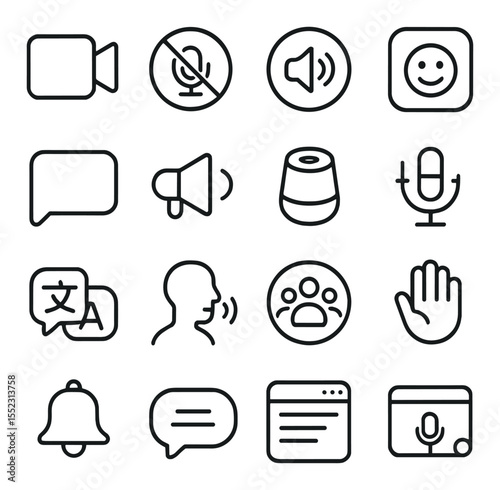 Communication utilities icons in minimalistic line art : video call icon, mute toggle orb, sound settings ring, emoji reaction plate, chatbox panel, voice channel portal, smart echo filter, mic