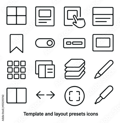 Template and layout presets icons in minimalistic line art : thumbnail layout grid, premade design card, drag-to-replace image, modular title box, saved icon, layout switcher toggle, preset