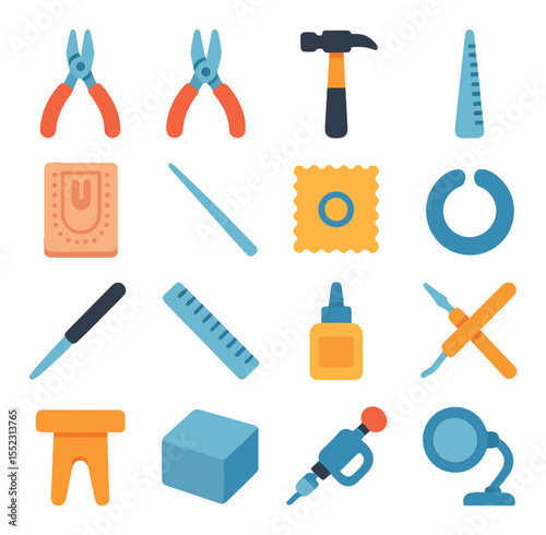 Handmade jewelry tools and materials icons in modern flat vector in minimalistic vibrant color design: round nose pliers, wire cutters, jewelry hammer, ring mandrel, bead board, tweezers,