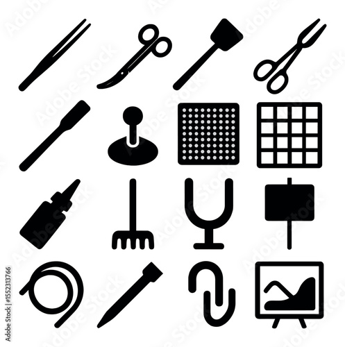 Aquascaping tools icons in silhouette solid black-filled shapes with clean, simple : planting tweezers, curved trimming scissors, substrate flattening spatula, rock placement tong, aquascape