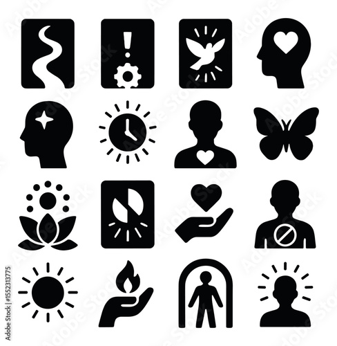Spiritual growth spread icons in silhouette solid black-filled shapes with clean, simple : soul path card, karmic lesson card, spirit guide message card, inner voice card, past life influence