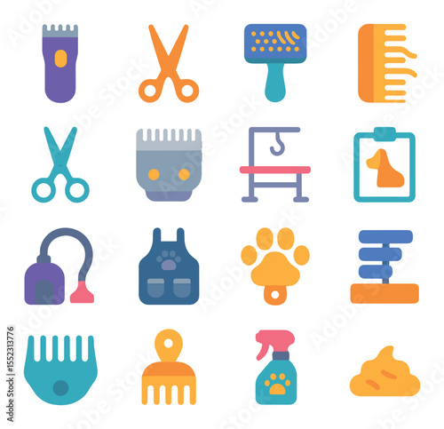 Fur trimming essentials icons in modern flat vector in minimalistic vibrant color design: electric clippers, grooming scissors, de-shedding brush, comb with fur strands, styling shears, clipper