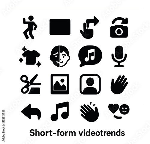 Short-form video trends icons in silhouette solid black-filled shapes with clean, simple : looping dance pose, text overlay box, transition swipe hand, camera flip icon, outfit change sparkles,