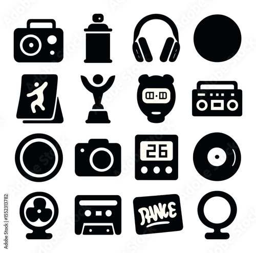 Urban dance accessories icons in silhouette solid black-filled shapes with clean, simple : portable speaker, spray paint can, LED headphones, floor mat circle, street battle flyer, dance trophy