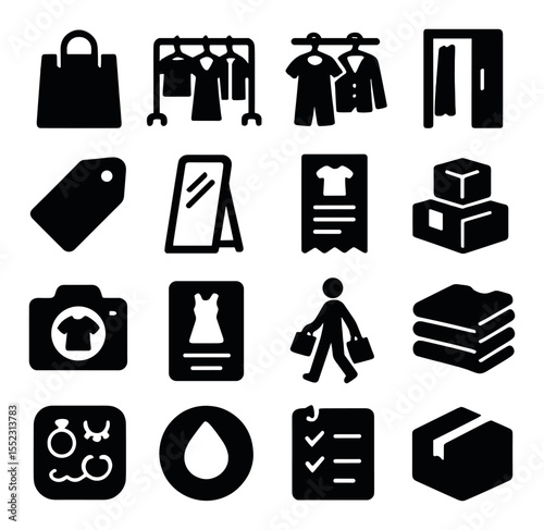 Shopping day finds icons in silhouette solid black-filled shapes with clean, simple : paper shopping bag, full clothing rack, hangers with outfits, fitting room door, price tag icon, try-on