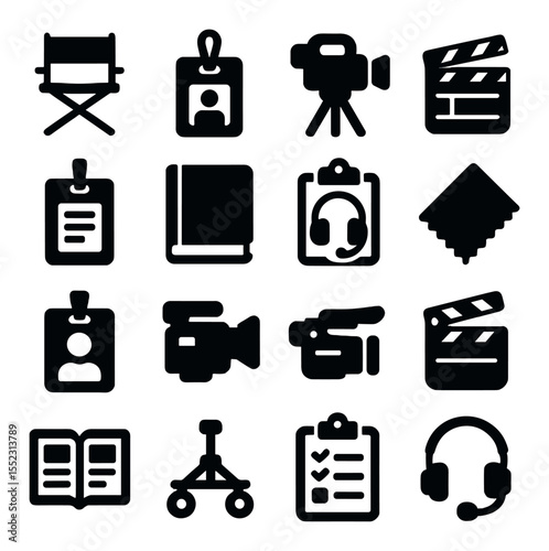 Filmmaker tools and passes icons in silhouette solid black-filled shapes with clean, simple : director’s chair, backstage pass, camera rig on tripod, clapboard with take number, festival ID