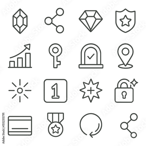 Level progression system icons in minimalistic line art : experience point crystal, skill tree branch, progress milestone gem, upgrade badge, stat boost icon, challenge unlock key, completed