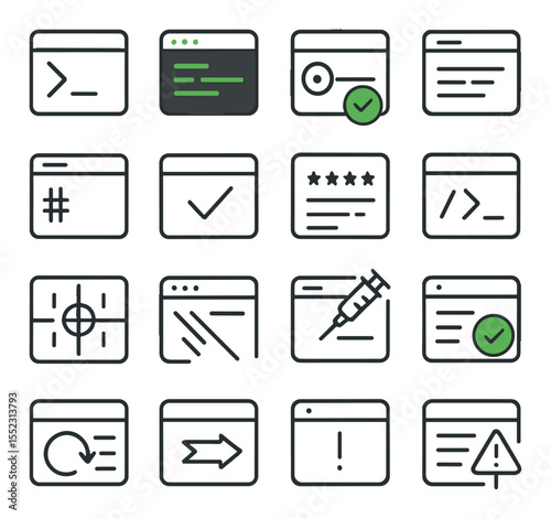 Hacker terminal visuals icons in minimalistic line art : command line code block, green text console, shell access key, login bypass log, root command overlay, access granted panel, stream of