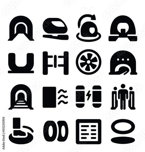 Underground maglev hubs icons in silhouette solid black-filled shapes with clean, simple : magnetic tunnel entry, levitating train pod, energy loop generator, platform safety shield,