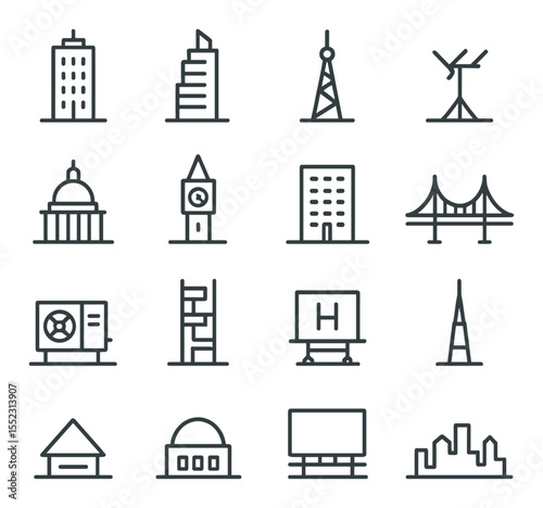 Urban silhouettes icons in minimalistic line art : high-rise office tower, residential skyscraper, communication tower, rooftop antenna, city hall dome, clock tower, apartment block, suspension