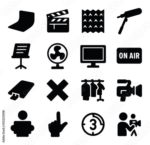 Production environment details icons in silhouette solid black-filled shapes with clean, simple : green screen floor mat, scene number clapperboard, soundproof foam panel, ambient mic on boom,