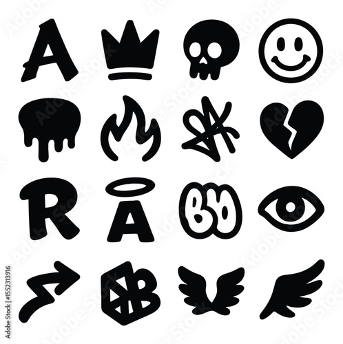 Street tag elements icons in silhouette solid black-filled shapes with clean, simple : stylized letter A, crown icon, skull doodle, cartoon face, dripping tag, flame outline, abstract symbol,