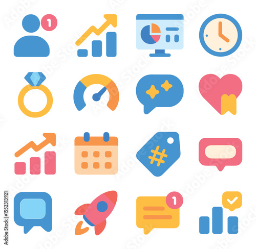 Engagement growth tools icons in modern flat vector in minimalistic vibrant color design: follower count icon, growth chart with arrow, analytics dashboard, post scheduler clock, engagement