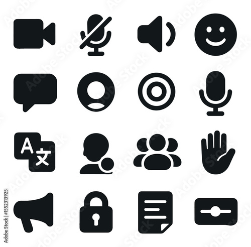 Communication utilities icons in silhouette solid black-filled shapes with clean, simple : video call icon, mute toggle orb, sound settings ring, emoji reaction plate, chatbox panel, voice