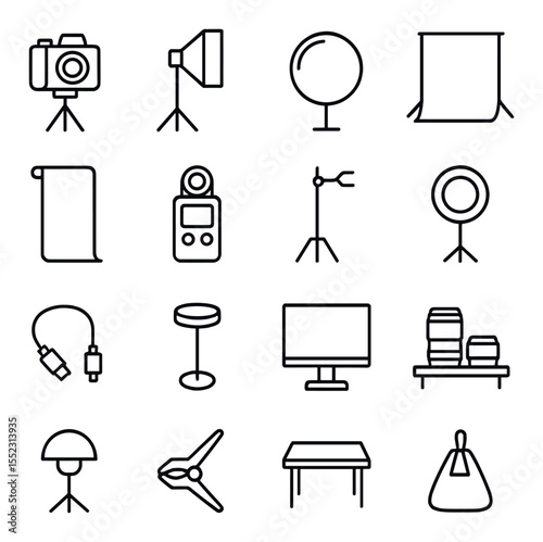 Photography studio setup icons in minimalistic line art : DSLR camera on tripod, softbox light, reflector disc, backdrop support stand, seamless paper roll, light meter, C-stand with clamp, ring