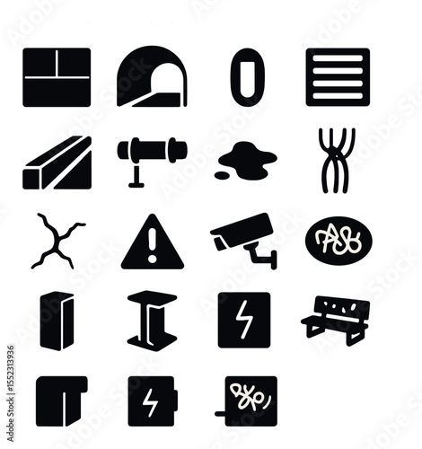 Urban tunnel features icons in silhouette solid black-filled shapes with clean, simple : concrete wall section, arched ceiling, tunnel light fixture, ventilation grate, train track edge,