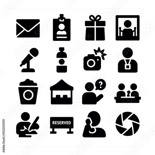 Guest and press experience icons in silhouette solid black-filled shapes with clean, simple : invitation card, press badge with clip, welcome gift bag, red carpet selfie frame, press conference