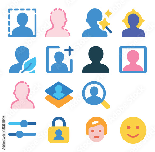 Cutout and subject tools icons in modern flat vector in minimalistic vibrant color design: background remover tool, subject cutout shape, auto mask icon, magic wand selection, outline glow