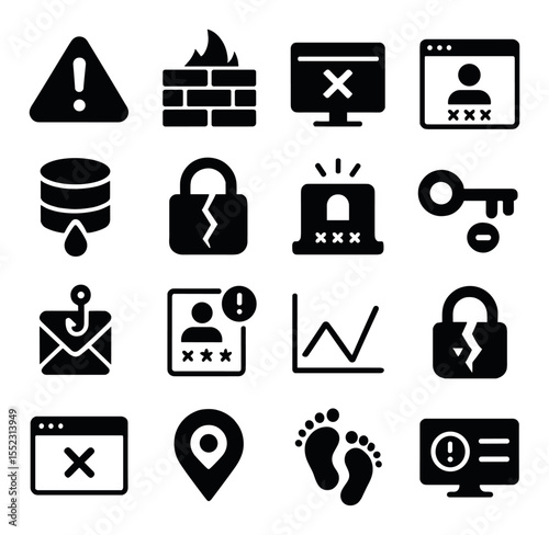 Breach indicators and alerts icons in silhouette solid black-filled shapes with clean, simple : flashing warning triangle, breached firewall wall, red access denied screen, login anomaly icon,