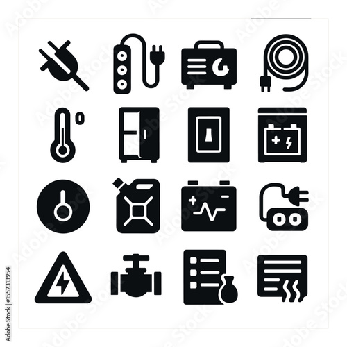 Home power management during outage icons in silhouette solid black-filled shapes with clean, simple : unplugged appliance symbol, surge protector icon, backup generator unit, extension cord