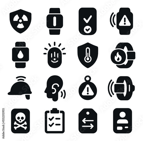 Safety and compliance wearables icons in silhouette solid black-filled shapes with clean, simple : hazard detection badge, motion-limited zone bracelet, PPE status tracker tag, fall alert